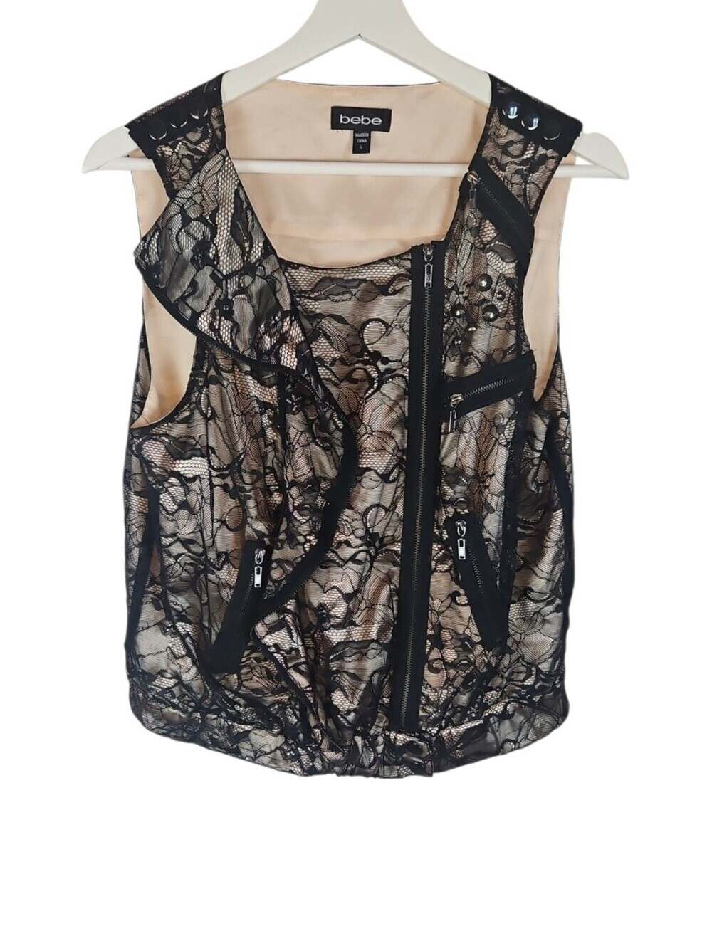 Y2K Vintage Bebe Floral Lace Ruffle Asymmetrical Moto Vest Whimsygoth Glam Punk